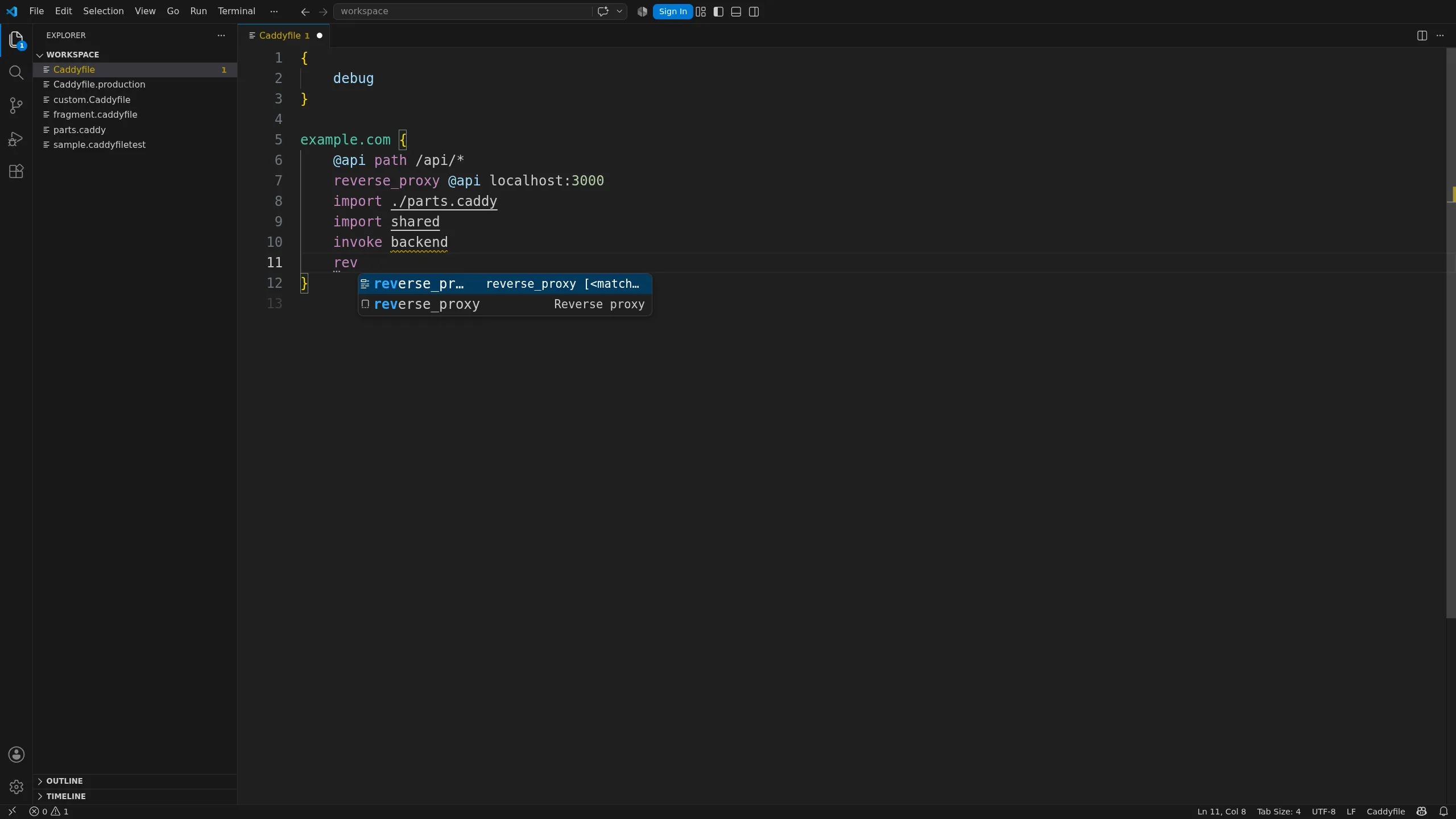 Caddyfile completion in VS Code
