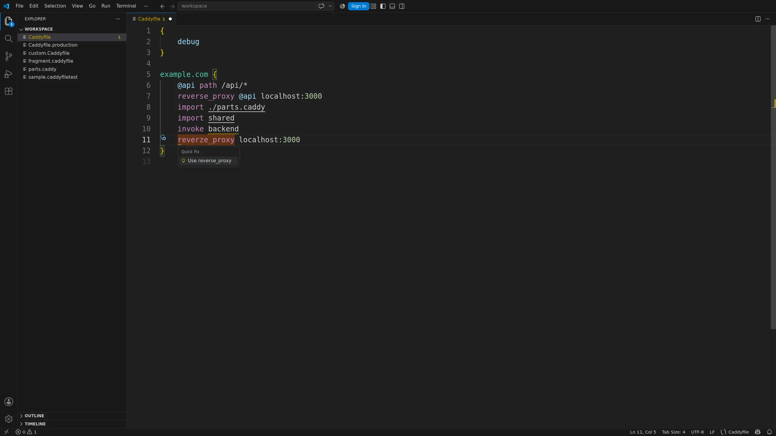 A Caddyfile diagnostic and quick fix