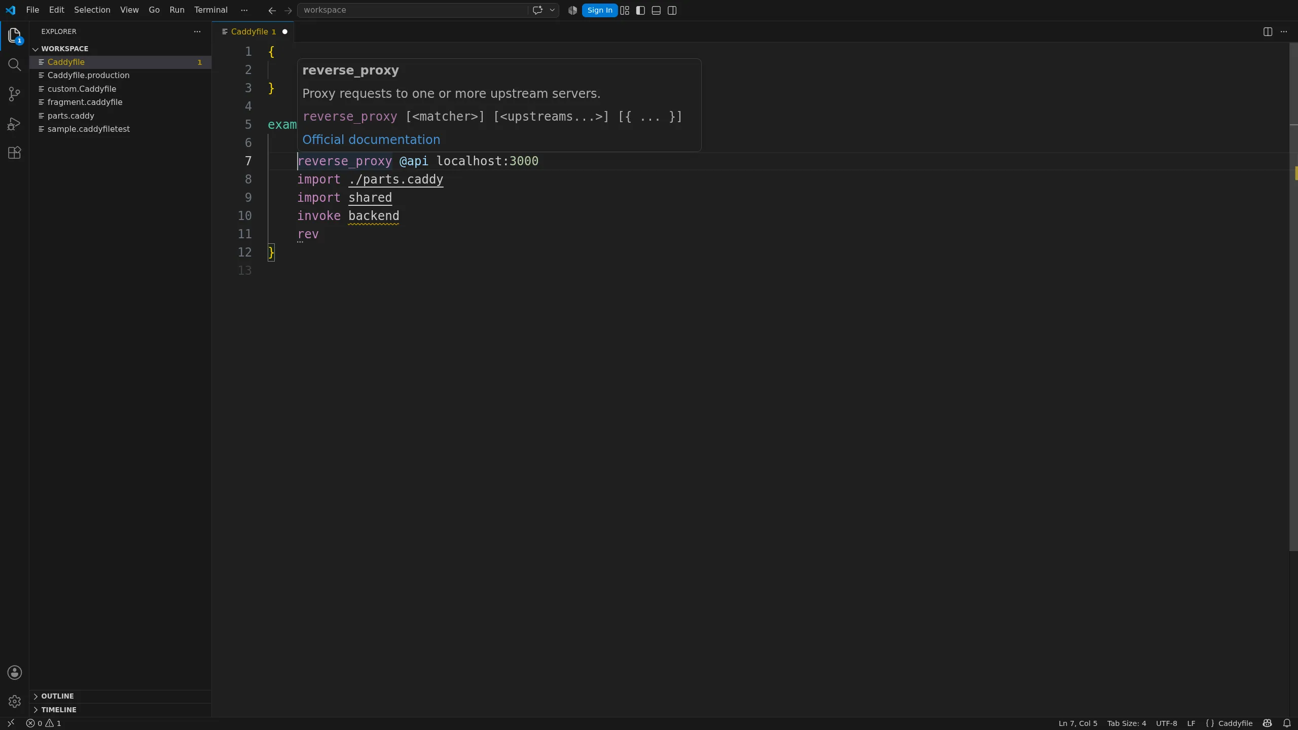 Documentation shown for a Caddyfile directive