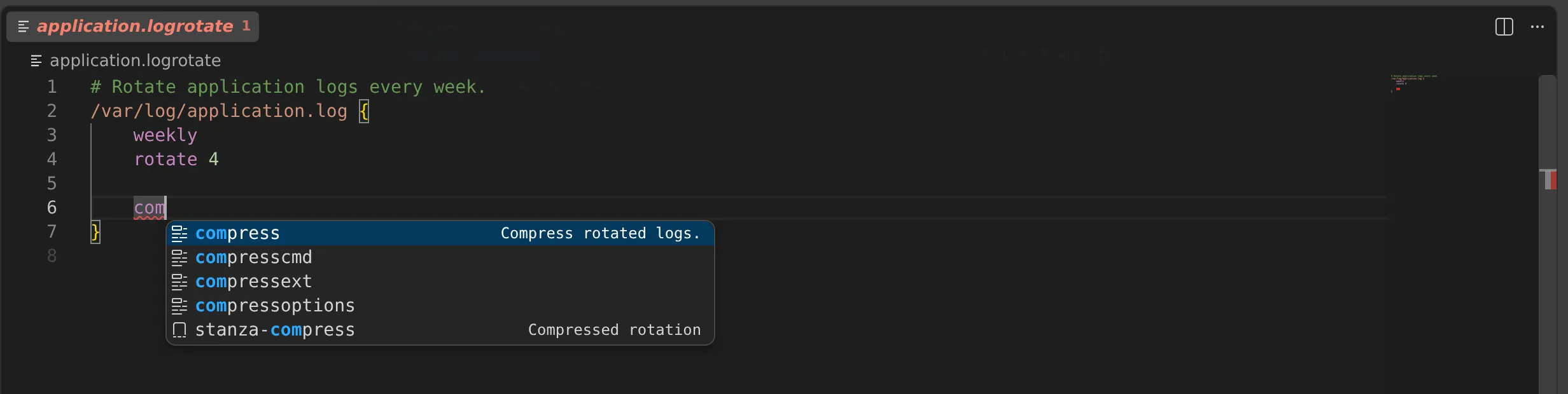 Directive suggestions for a logrotate stanza in Visual Studio Code