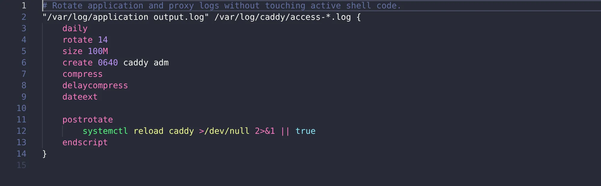 A logrotate configuration with syntax highlighting in the Dracula theme