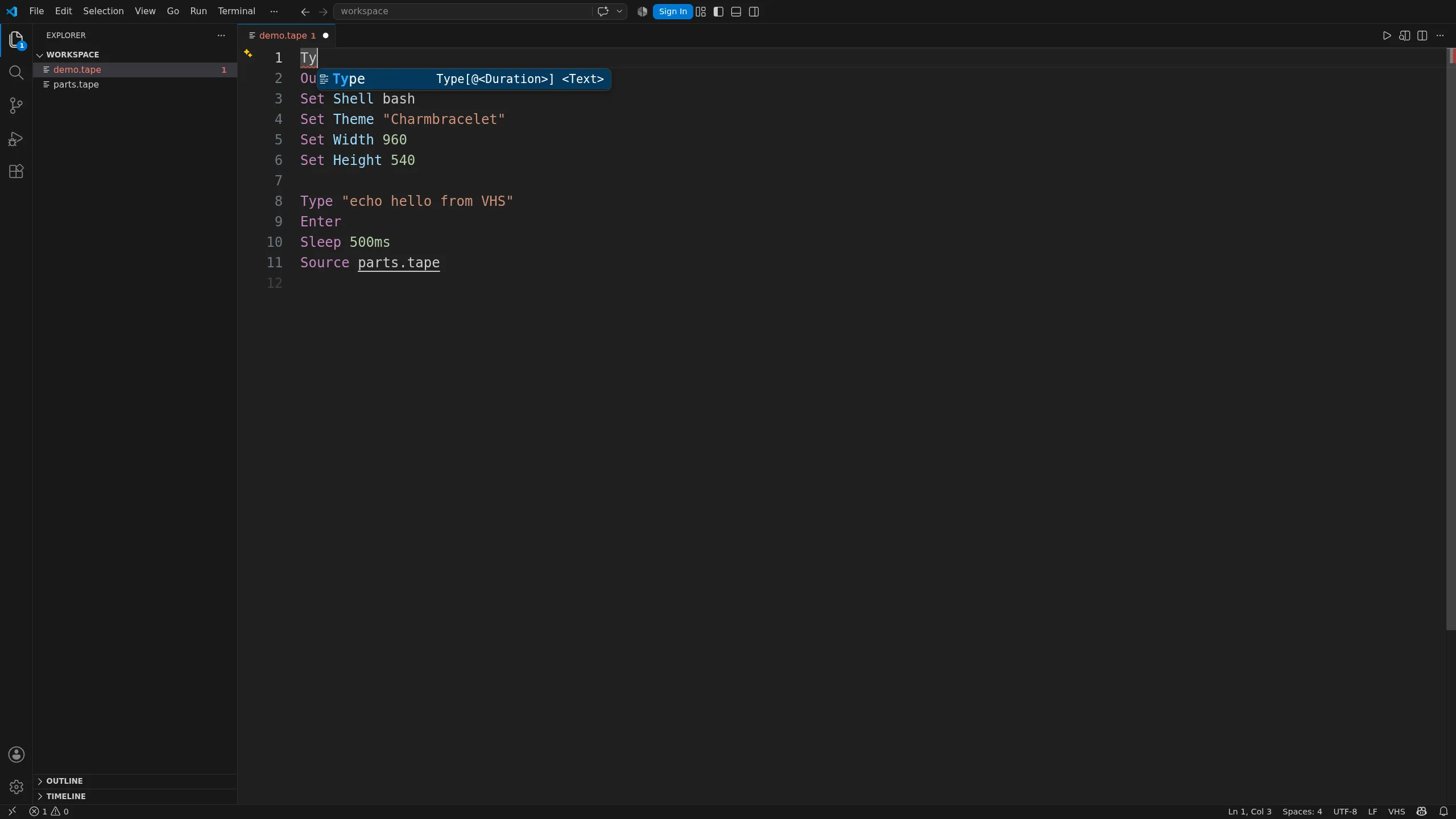 VHS completion in Visual Studio Code