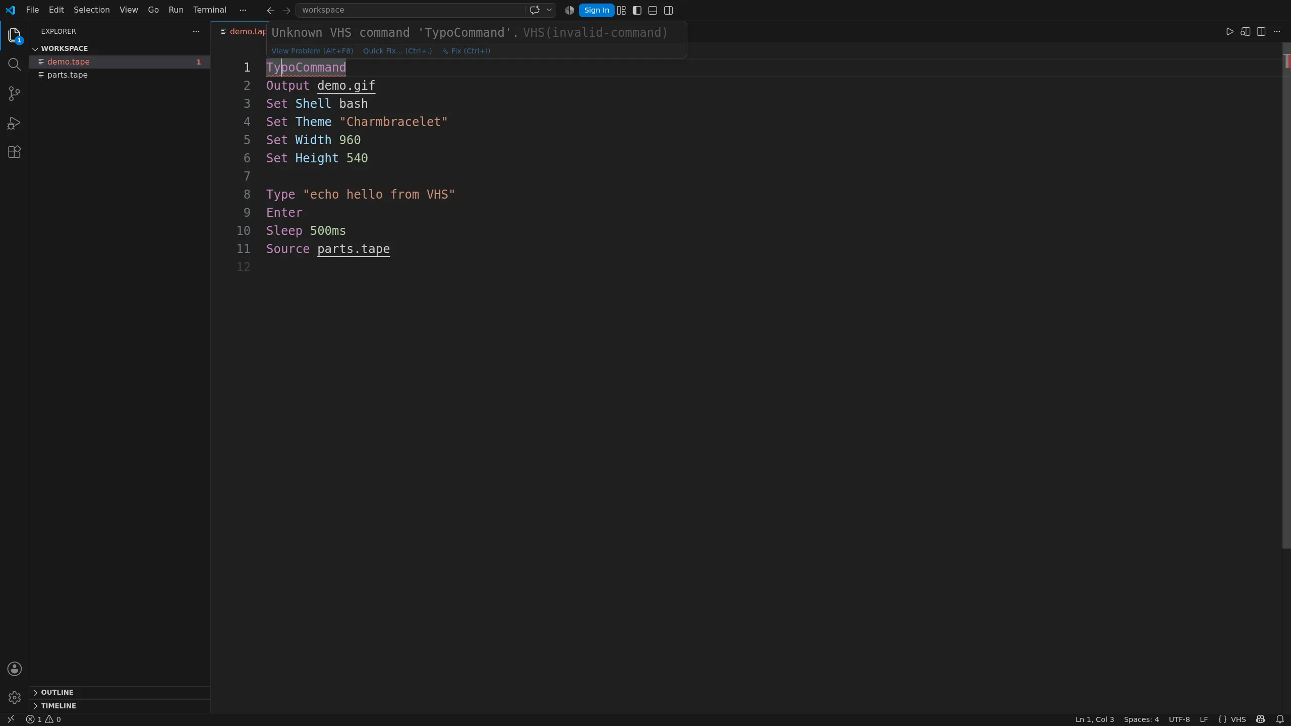 A VHS diagnostic in Visual Studio Code