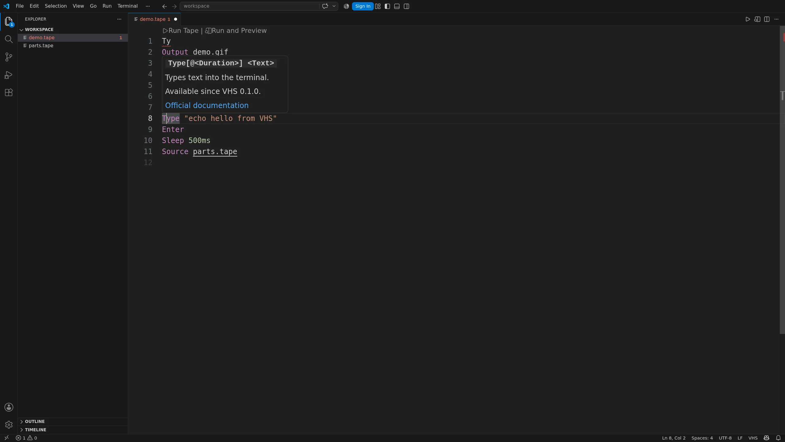 Hover help for a VHS command